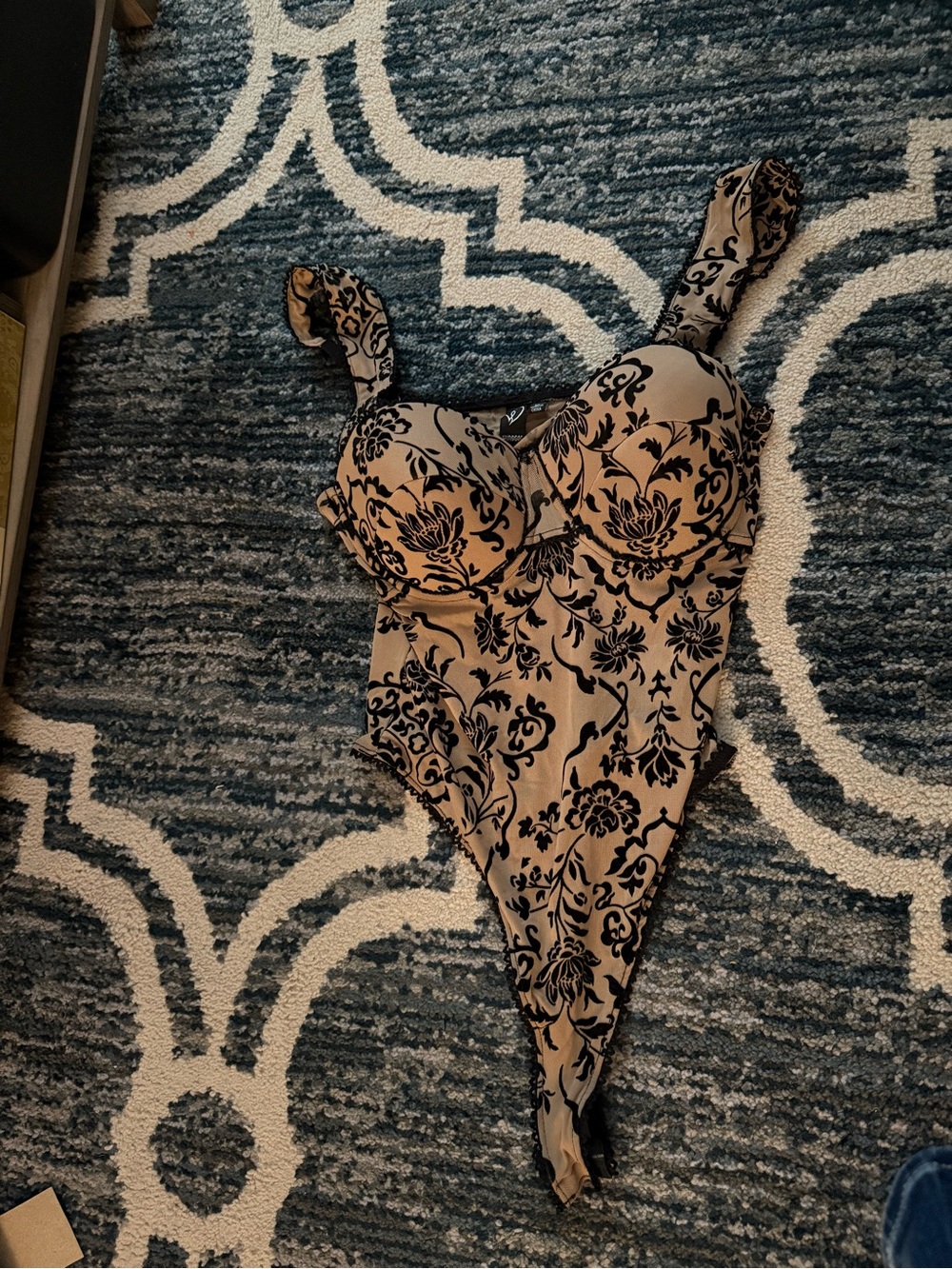 Windsor One-Piece in Beige w/ Black Floral Print Lace